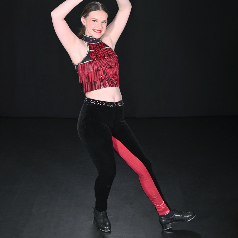 Red and black fringe and rhinestone custom tap costume